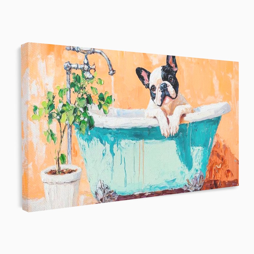 Tablou canvas cu tablou canvas cu bulldog in cada, fara rama, pe sasiu de lemn